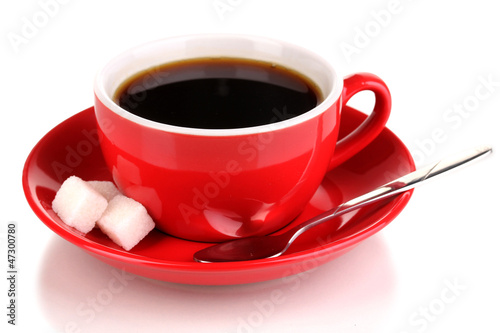 Photo: A red cup of strong coffee isolated on white A red cup of strong coffee isolated on white