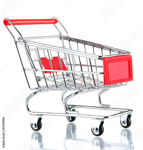 Photo: empty shopping trolley, isolated on white empty shopping trolley, isolated on white