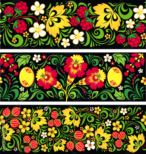Vector: Set of seamless patterns in traditional russian style Hohloma Set of seamless patterns in traditional russian style Hohloma