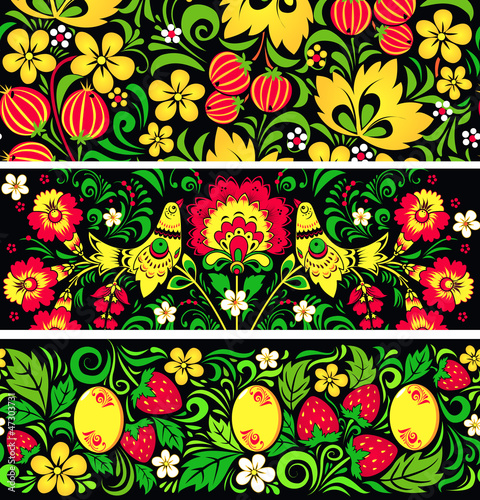 Vector: Set of seamless patterns in traditional russian style Hohloma Set of seamless patterns in traditional russian style Hohloma