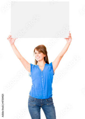 Photo: Woman lifting a banner Woman lifting a banner