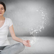 Pretty young woman meditating in empty room and graphic smoke, g