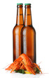 Two light beer bottles and lobsters heap isolated on white