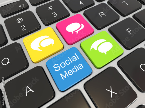 Illustration: Social media on laptop keyboard. Social media on laptop keyboard.
