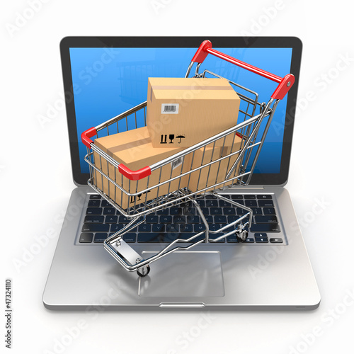 Illustration: E-commerce. Shopping cart on laptop. E-commerce. Shopping cart on laptop.