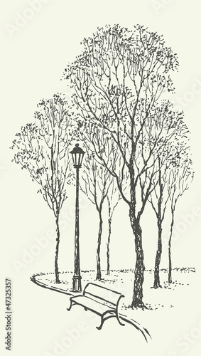  Vector landscape. Park bench near the lantern under trees