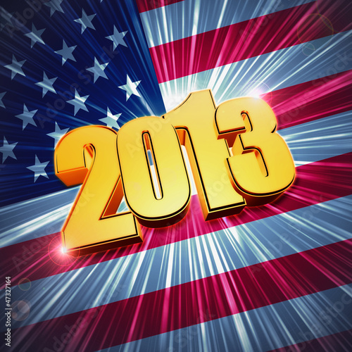 Illustration: golden figures year 2013 over shining american flag golden figures year 2013 over shining american flag