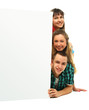 Group of happy young people look out from