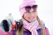 Portrait of blondy young woman with ski in winter time
