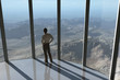 Illustration: man looks at the mountain from a height man looks at the mountain from a height