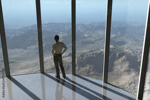 Illustration: man looks at the mountain from a height man looks at the mountain from a height
