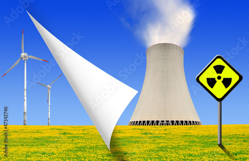Illustration: nuclear power plant and wind turbines nuclear power plant and wind turbines
