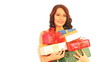 Woman with stack gift box on sale.