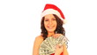 Woman in Santa hat holding money dollar.