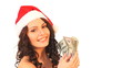 Woman in Santa hat holding money dollar.