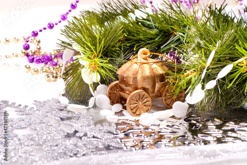 Photo: New year background with colorful decorative fur tree New year background with colorful decorative fur tree