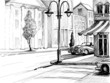 Retro city sketch, street, buildings and old cars vector illustr