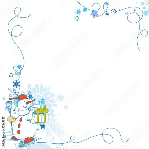 Vektor: Christmas card, funny snowman corner decoration with gift Christmas card, funny snowman corner decoration with gift