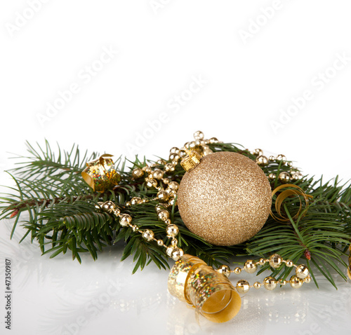 Photo: Christmas balls with pine and decorations Christmas balls with pine and decorations