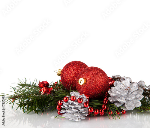 Photo: Christmas balls with pine and decorations Christmas balls with pine and decorations