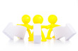 Three  toy  men stand near arrows specifying a direction. 
