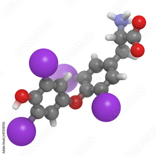 Illustration: thyroxine hormone molecule, chemical structure. thyroxine hormone molecule, chemical structure.