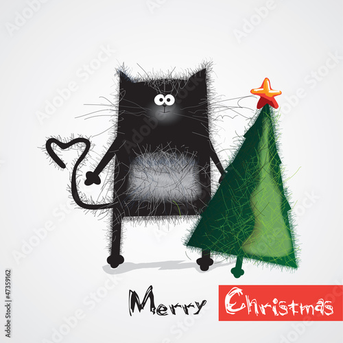 Vector: cat congratulates happy New Year and Christmas cat congratulates happy New Year and Christmas