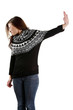 Scared woman making stop gesture sing