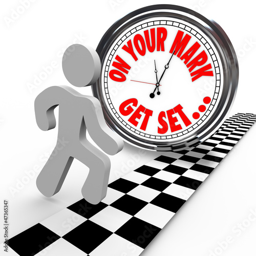 Illustration: On Your Mark Get Set Go Person Racing Clock Time On Your Mark Get Set Go Person Racing Clock Time