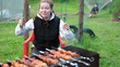 Video: Hungry woman with fork and knife looking at grilled meat Hungry woman with fork and knife looking at grilled meat