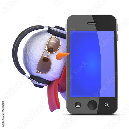 Illustration: Snowman with headphones behind smartphone Snowman with headphones behind smartphone