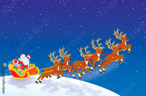 Illustration: Sleigh of Santa taking off in Christmas night sky Sleigh of Santa taking off in Christmas night sky