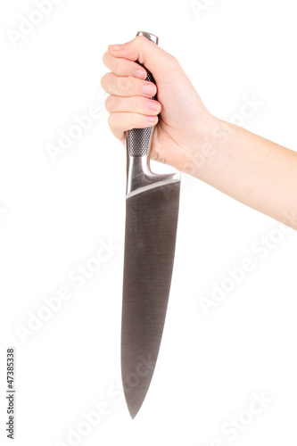 Photo: Human hand with kitchen knife isolated on white Human hand with kitchen knife isolated on white