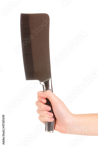 Photo: Human hand with cleaver isolated on white Human hand with cleaver isolated on white