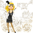 Cute blond woman with mouthpiece on Retro party card