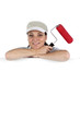 Woman stood by blank poster with paint roller