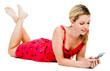 Happy woman text messaging