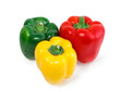 Three colored peppers vegetables isolated on white background.