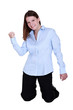 Excited office worker on her knees
