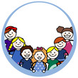 Niñas y niños pequeños en un marco circular