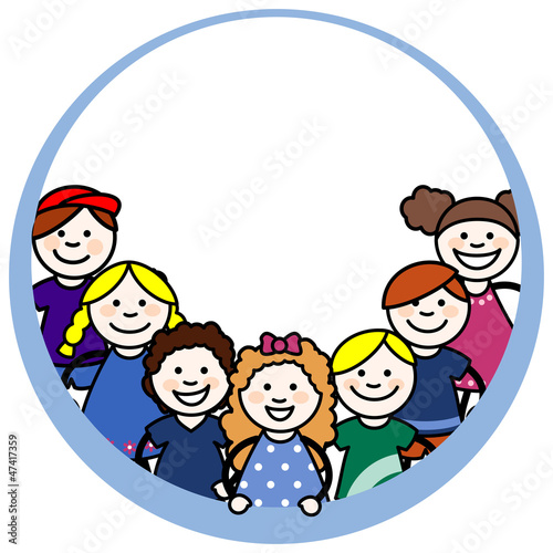 Vector: Niñas y niños pequeños en un marco circular Niñas y niños pequeños en un marco circular