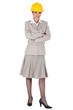 Female wearing a trench coat and a hardhat.