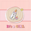 new baby girl announcement card with milk bottle and pacifier