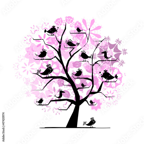 Vector: Funny tree with singing birds for your design Funny tree with singing birds for your design