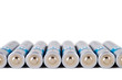 Row of AA batteries isolated on white background