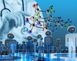 scientist doctor hand touch virtual molecular structure in the l