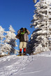 Hiker in winter mountains snowshoeing
