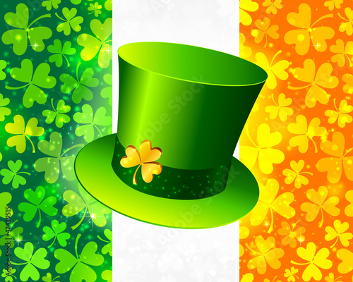Vector: Saint Patrick's hat on Irish flag made from lucky magic clovers Saint Patrick's hat on Irish flag made from lucky magic clovers