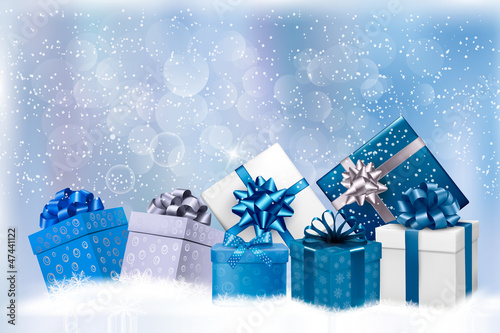 Vector: Christmas blue background with gift boxes and snowflakes. Vector Christmas blue background with gift boxes and snowflakes. Vector