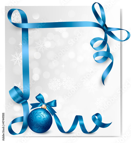 Vector: Holiday background with blue gift bow with gift ball. Vector ill Holiday background with blue gift bow with gift ball. Vector ill